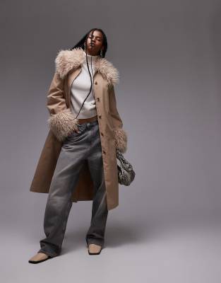 & Other Stories & Other Stories belted midi coat in dark beige with detachable faux fur collar and cuffs-Neutral