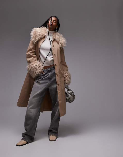 & Other Stories belted midi coat in dark beige with detachable faux fur collar and cuffs - view 1