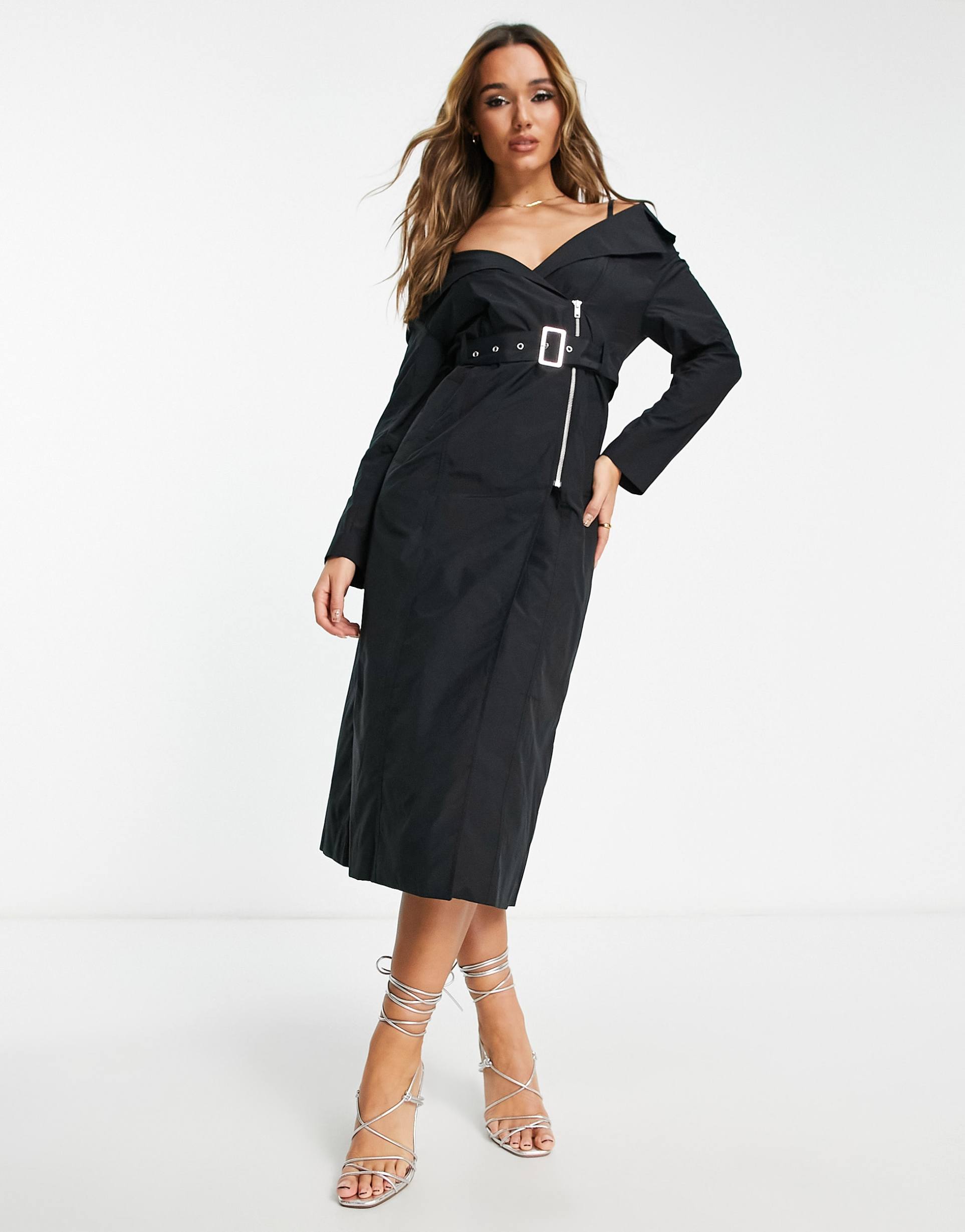 & other stories belted trench midi dress in black