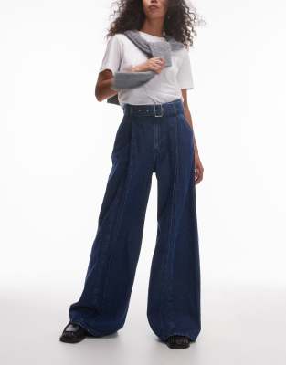 & Other Stories & Other Stories belted wide jean jeans with front seam detail in blue