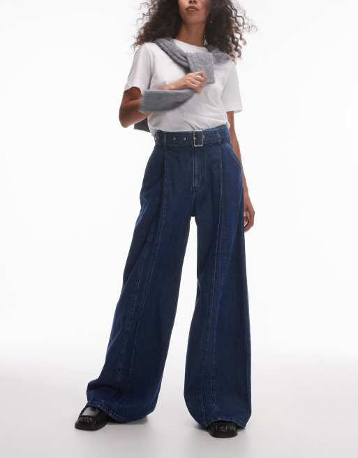 & Other Stories belted wide jeans with front seam detail in blue