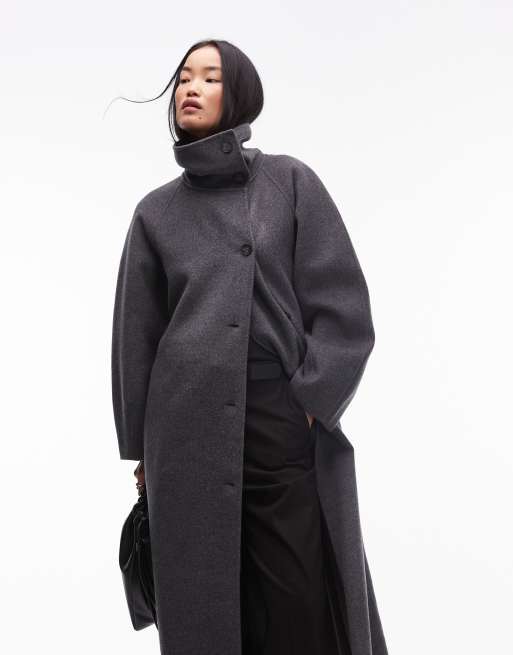 dark& Other Stories belted wool blend maxi coat with high funnel and sculptural sleeves in gray