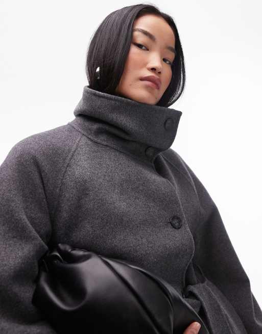 dark& Other Stories belted wool blend maxi coat with high funnel and sculptural sleeves in gray