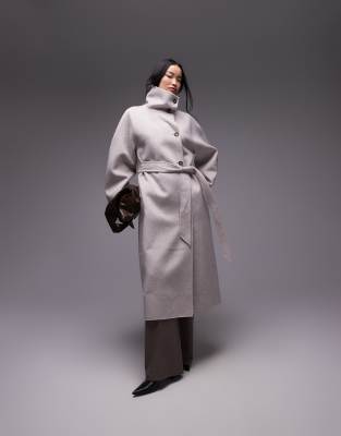 & Other Stories & Other Stories belted wool blend maxi coat with high funnel and sculptural sleeves in mole-Neutral