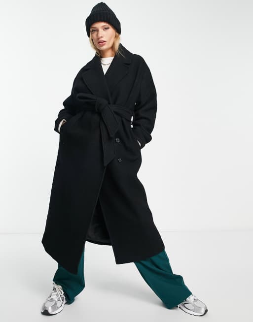 Leather Accent Double Wool Coat - Luxury Black