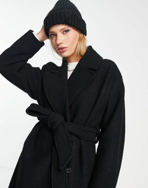 Leather Accent Double Wool Coat - Luxury Black