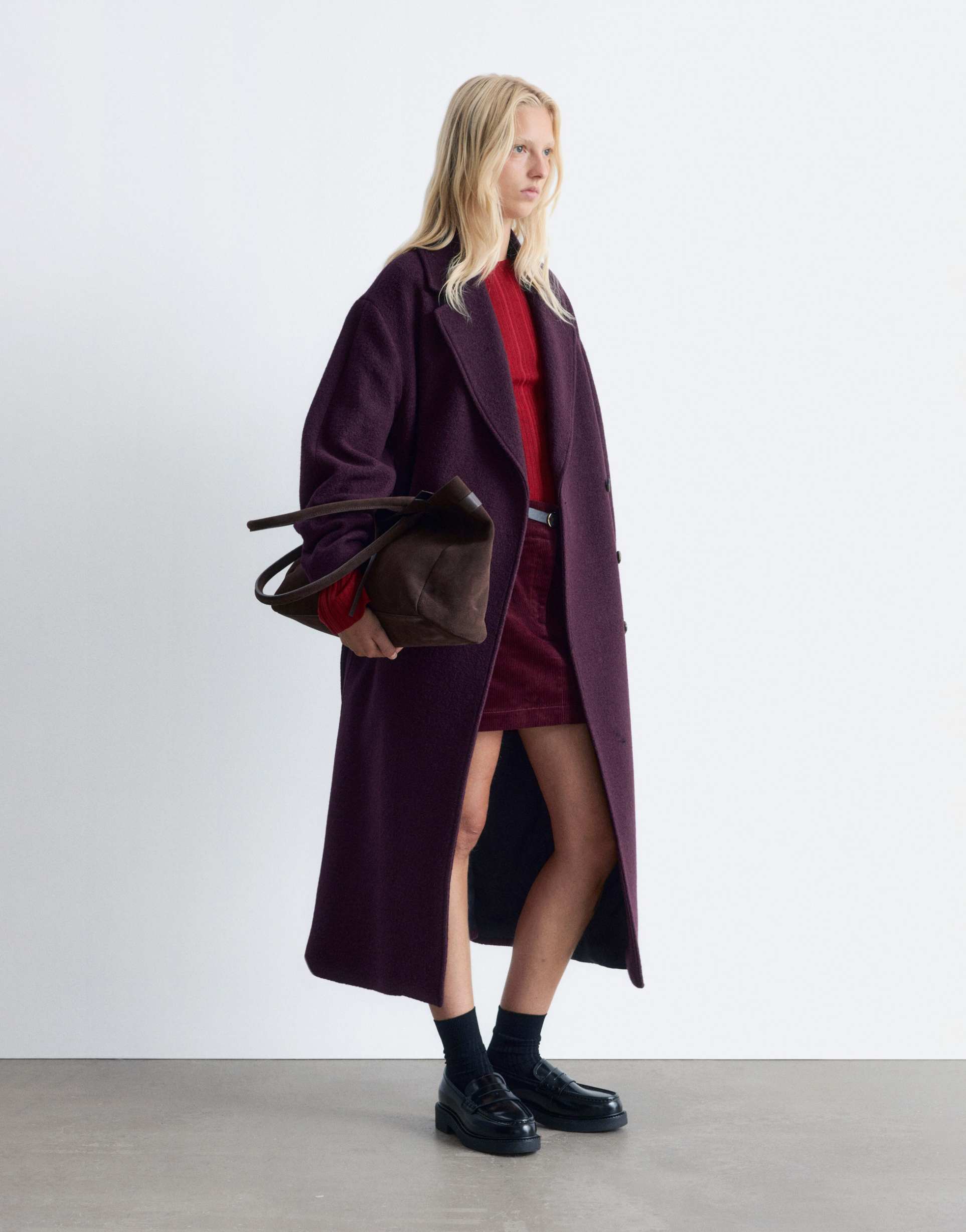 & other stories belted wool coat in burgundy wine