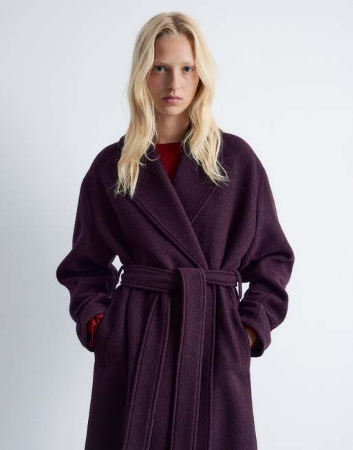 & Other Stories belted wool coat in burgundy wine