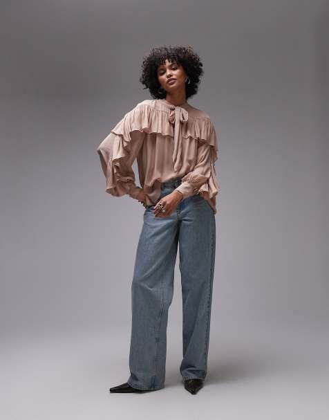 & Other Stories sheer blouse with ruffle detail and scarf neck tie in beige