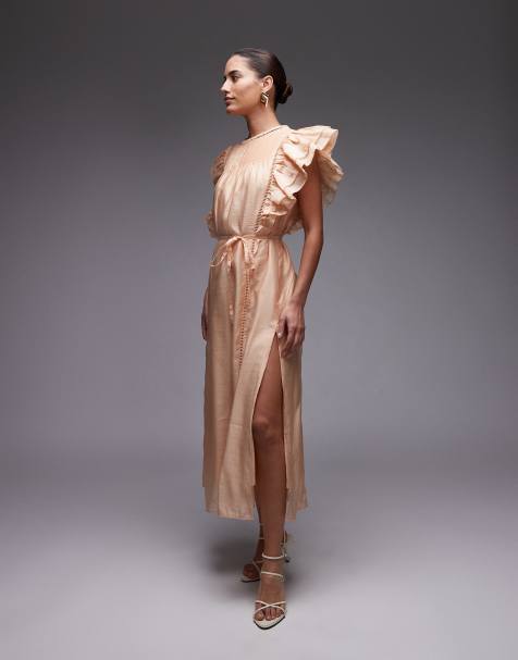 & Other Stories midaxi dress with pintuck bodice and double ruffle sleeves in beige