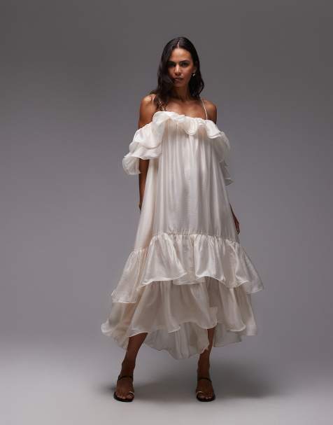 & Other Stories midaxi dress with off shoulder and double ruffle detail in white