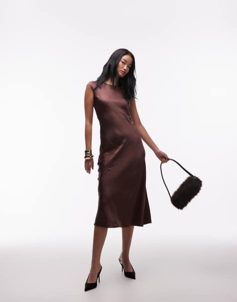 & Other Stories bias cut satin maxi dress with cap sleeve in dark brown - view 1