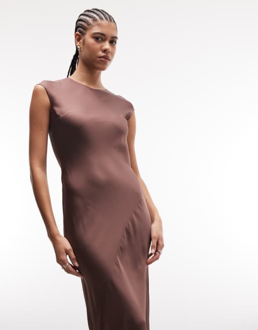 & Other Stories Bias Cut Satin Maxi Dress with Cap Sleeve in Dark Brown