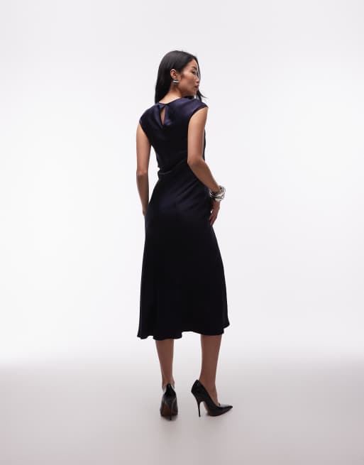 & Other Stories bias cut satin maxi dress with cap sleeve in navy , 3 of 4