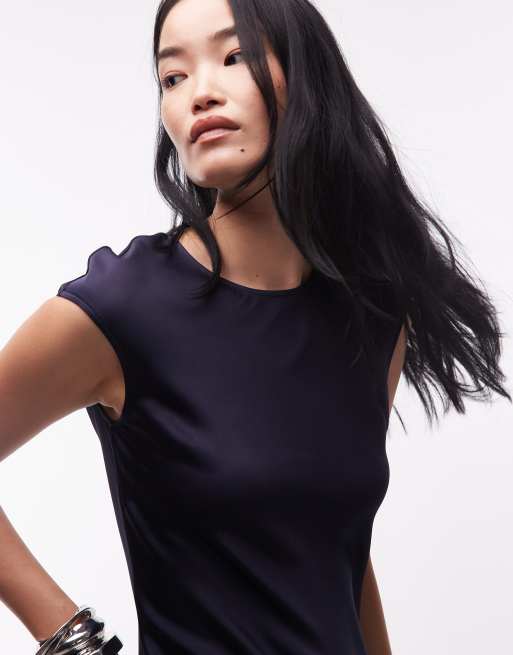 & Other Stories bias cut satin maxi dress with cap sleeve in navy , 4 of 4