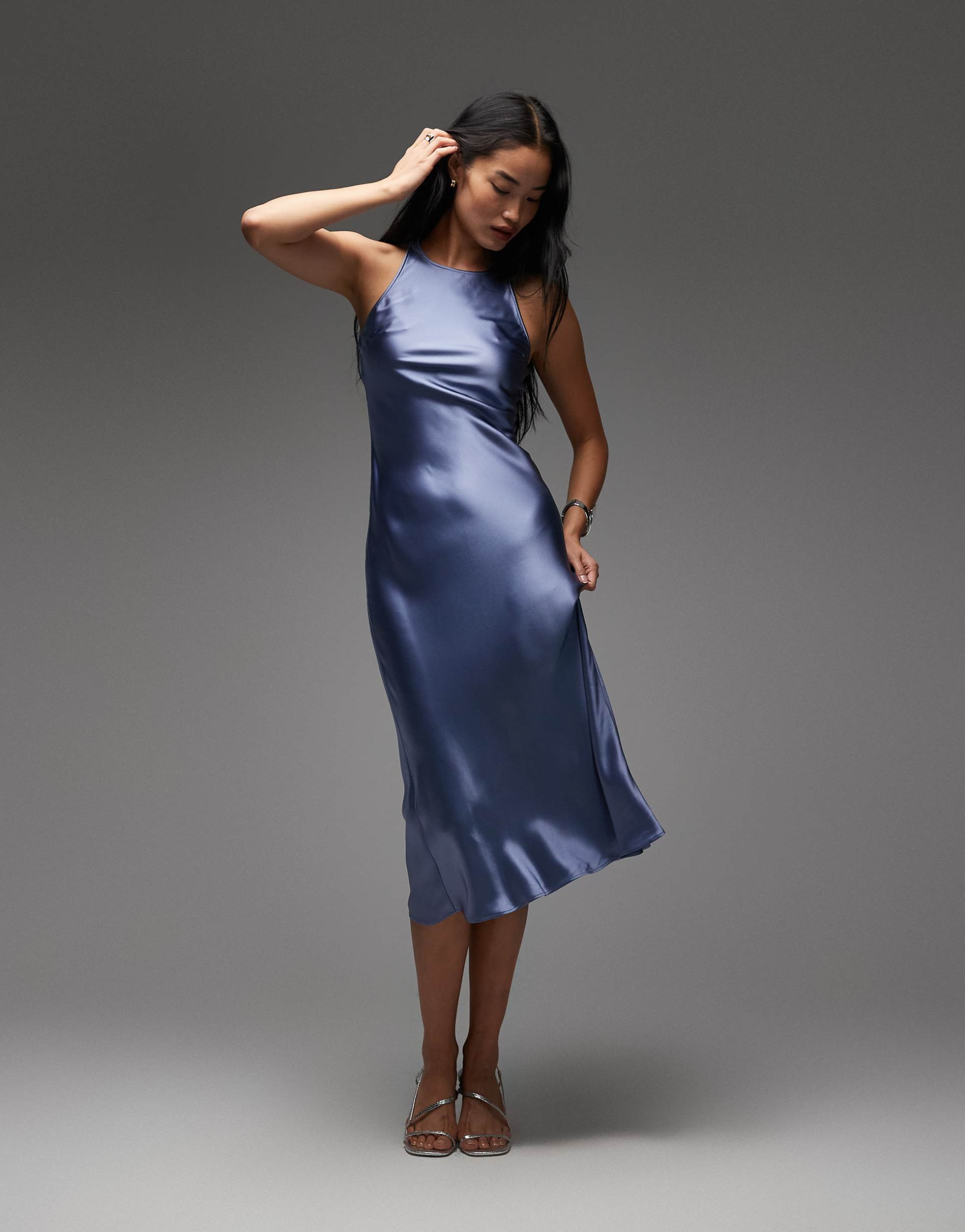 & other stories bias cut satin midi dress in blue