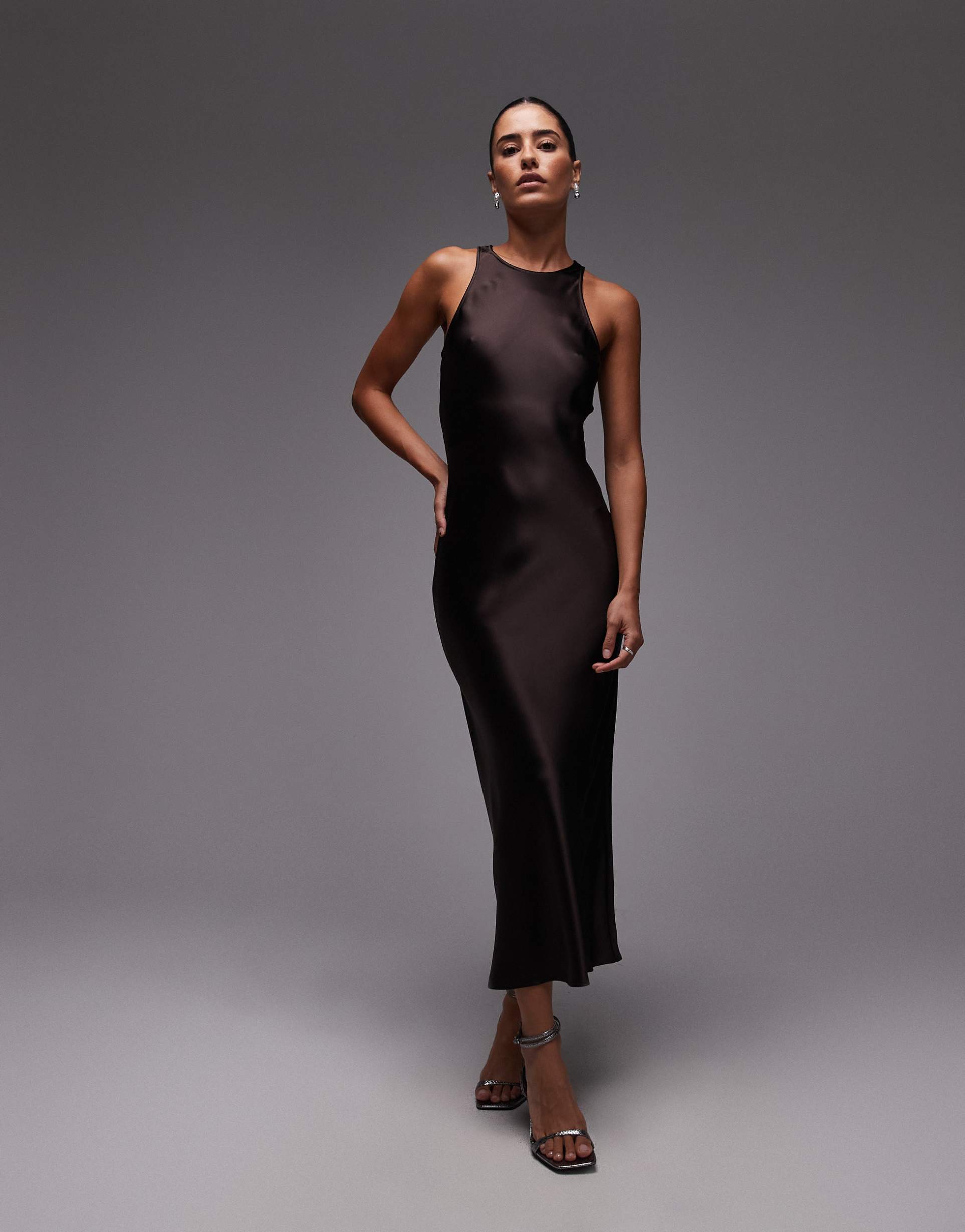 & other stories bias cut satin midi dress in brown