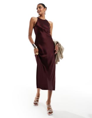 & Other Stories bias cut satin midi dress in burgundy-Red