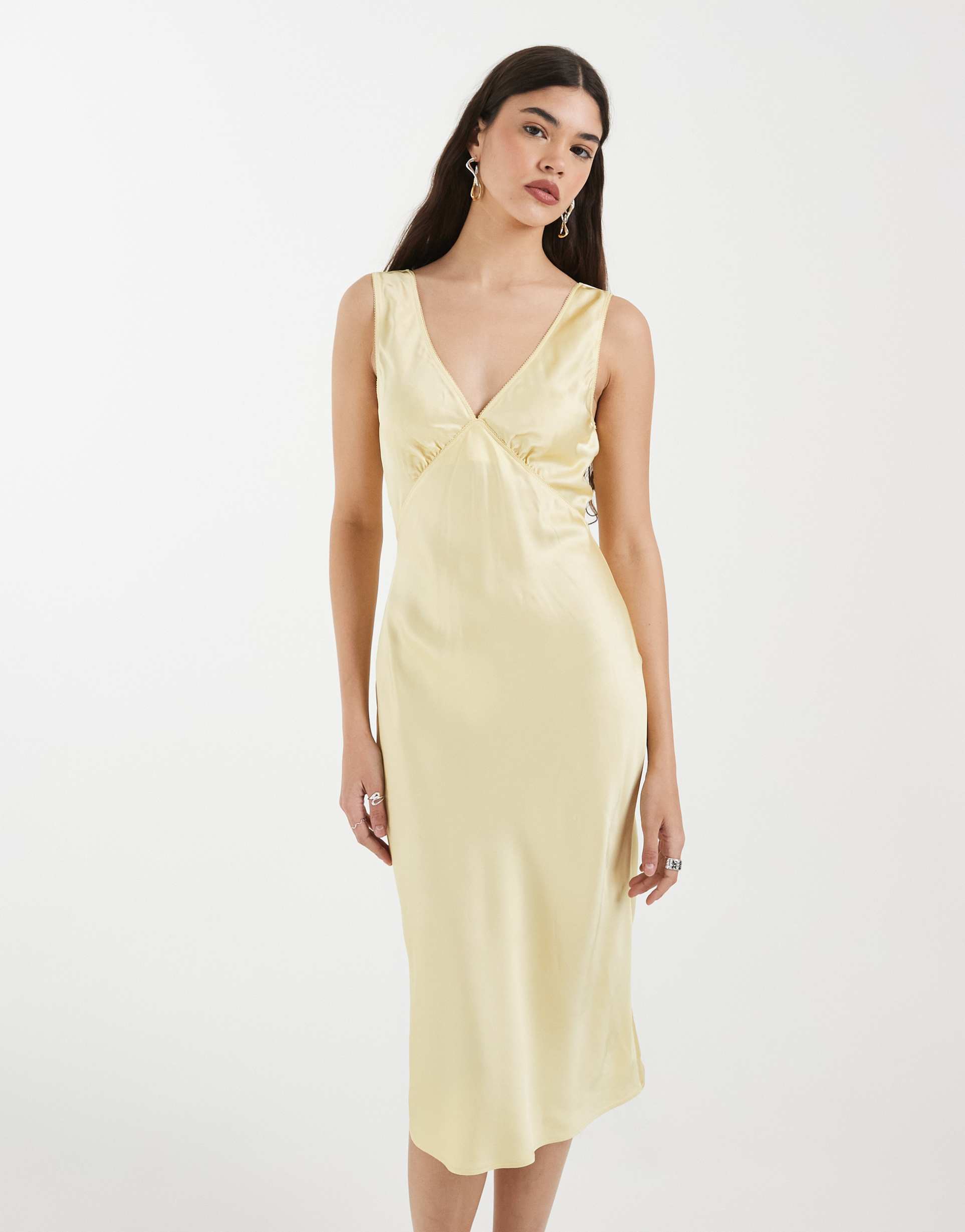 & other stories bias cut satin midi dress in butter yellow