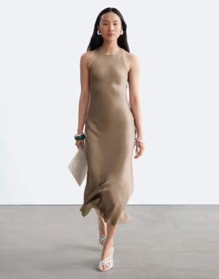 & Other Stories Bias Cut Satin Midi Dress In Neutral