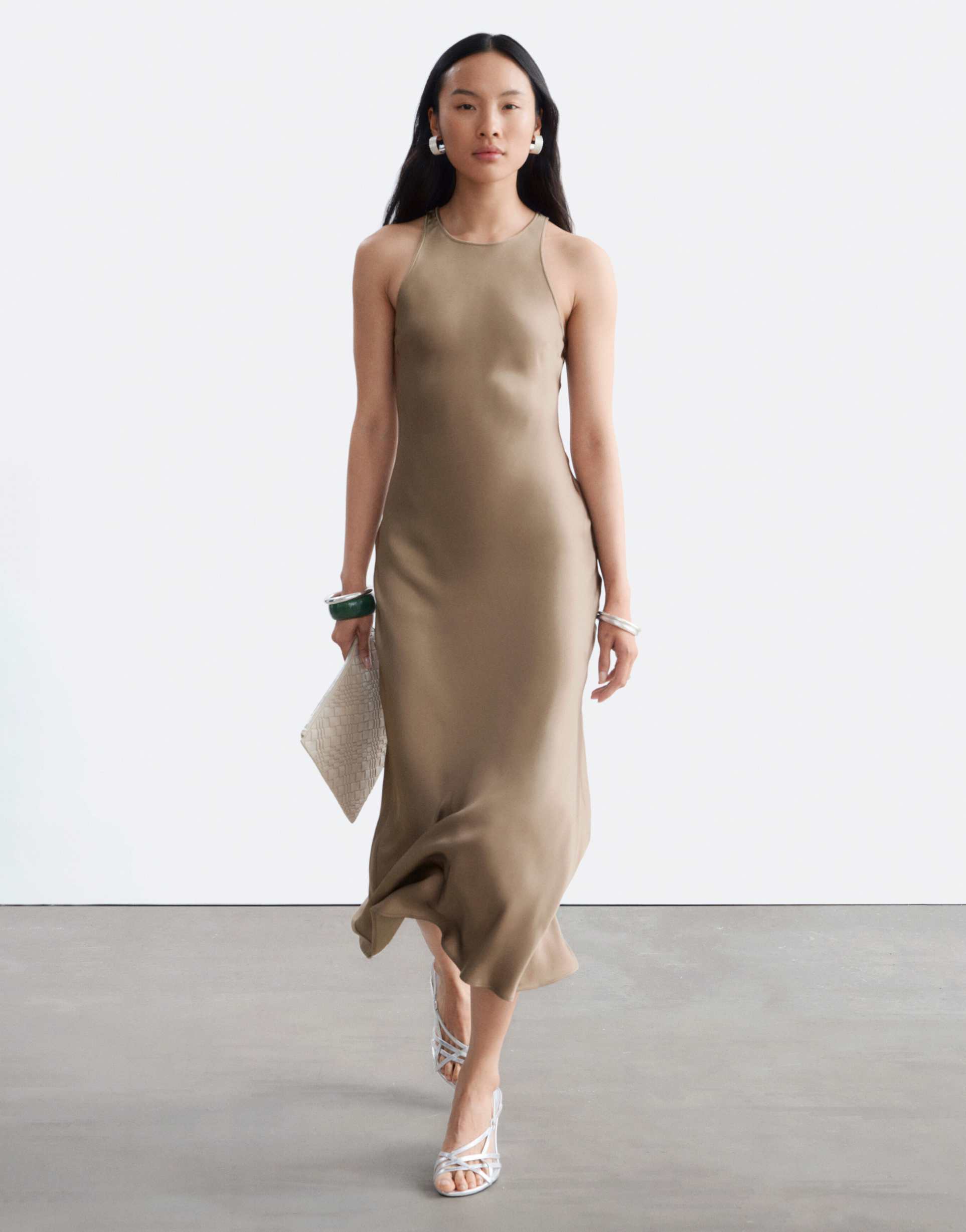 & other stories bias cut satin midi dress in champagne