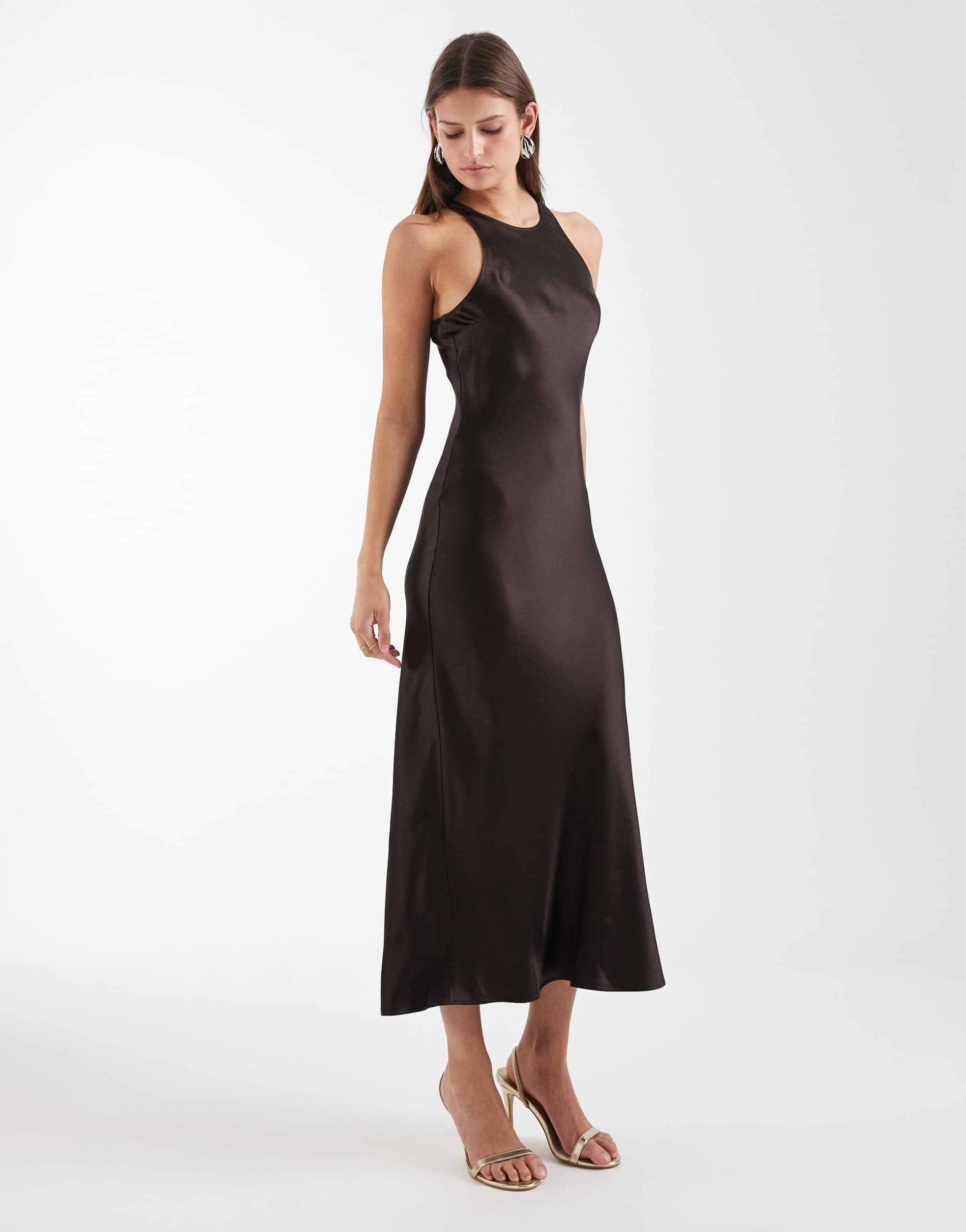 & other stories bias cut satin midi dress in chocolate bronze