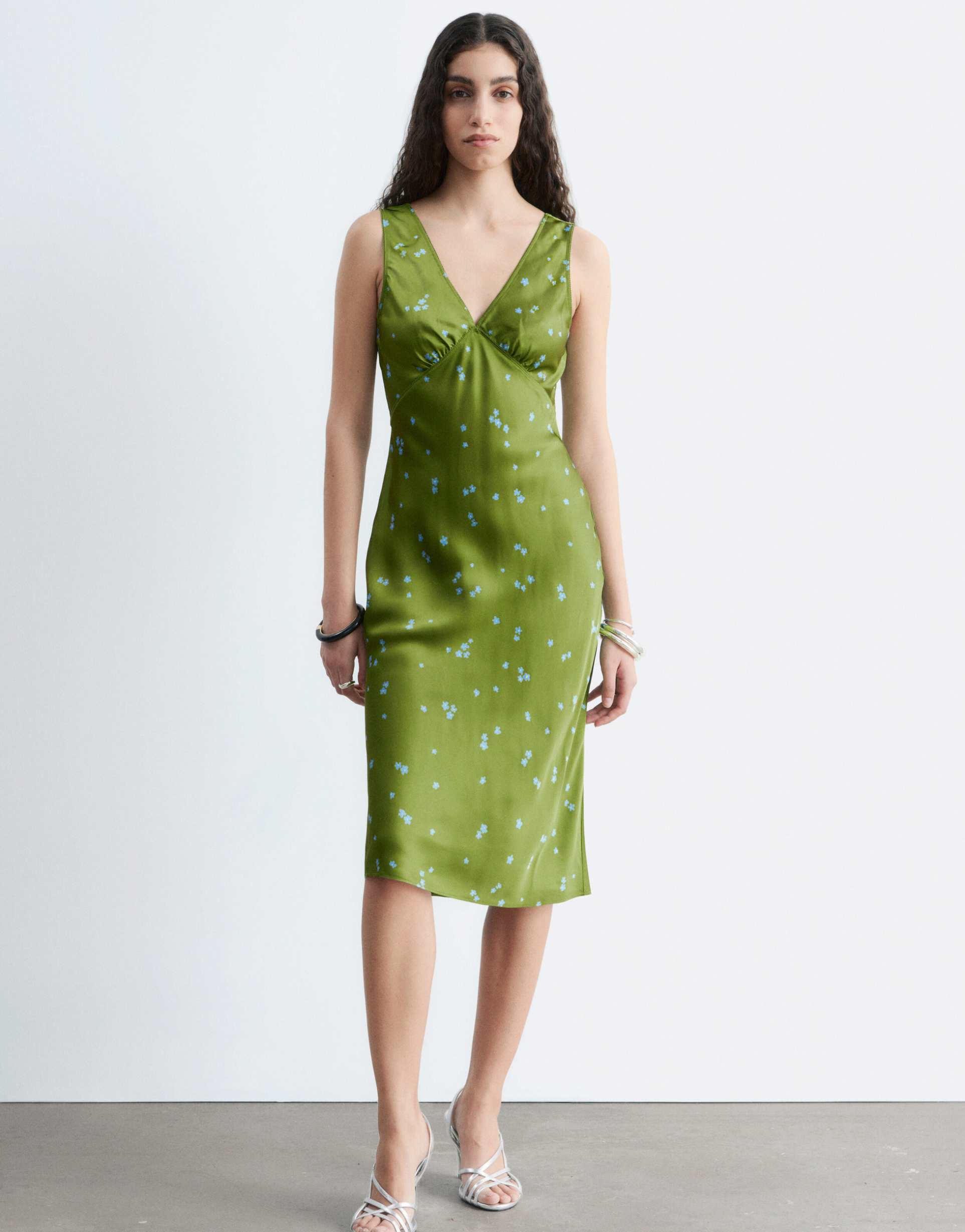 & other stories bias cut satin midi dress in green floral print