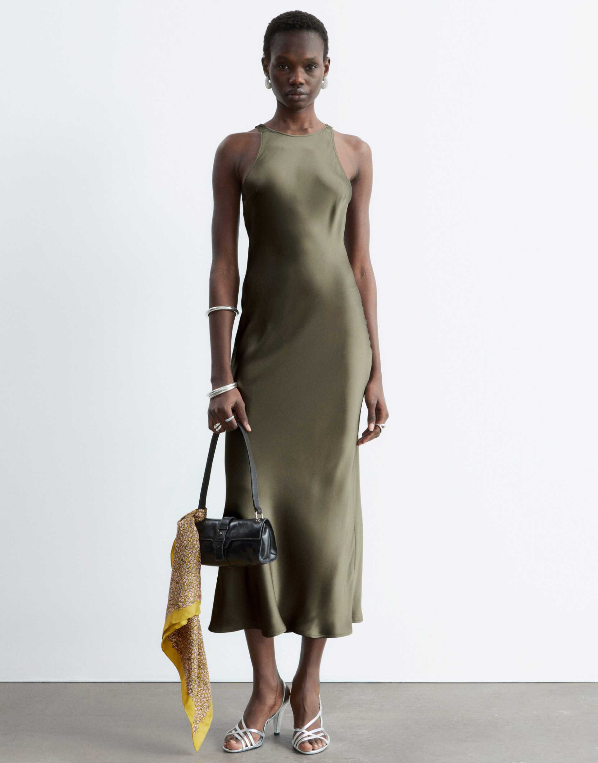 & other stories bias cut satin midi dress in khaki green