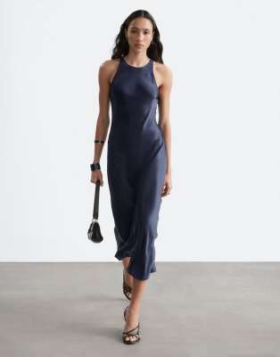 & Other Stories Bias Cut Satin Midi Dress In Navy