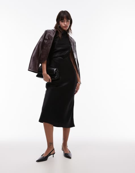 & Other Stories bias cut satin midi dress with drape detail and extended shoulder in black - view 1