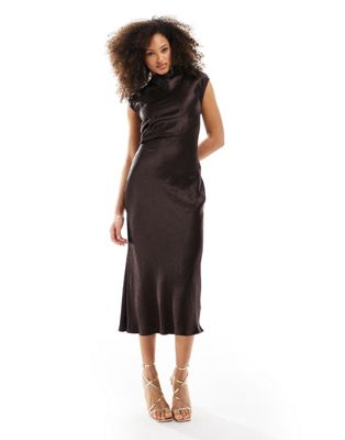 Other Stories &  Bias Cut Satin Midi Dress With Drape Detail And Extended Shoulder In Brown In Black