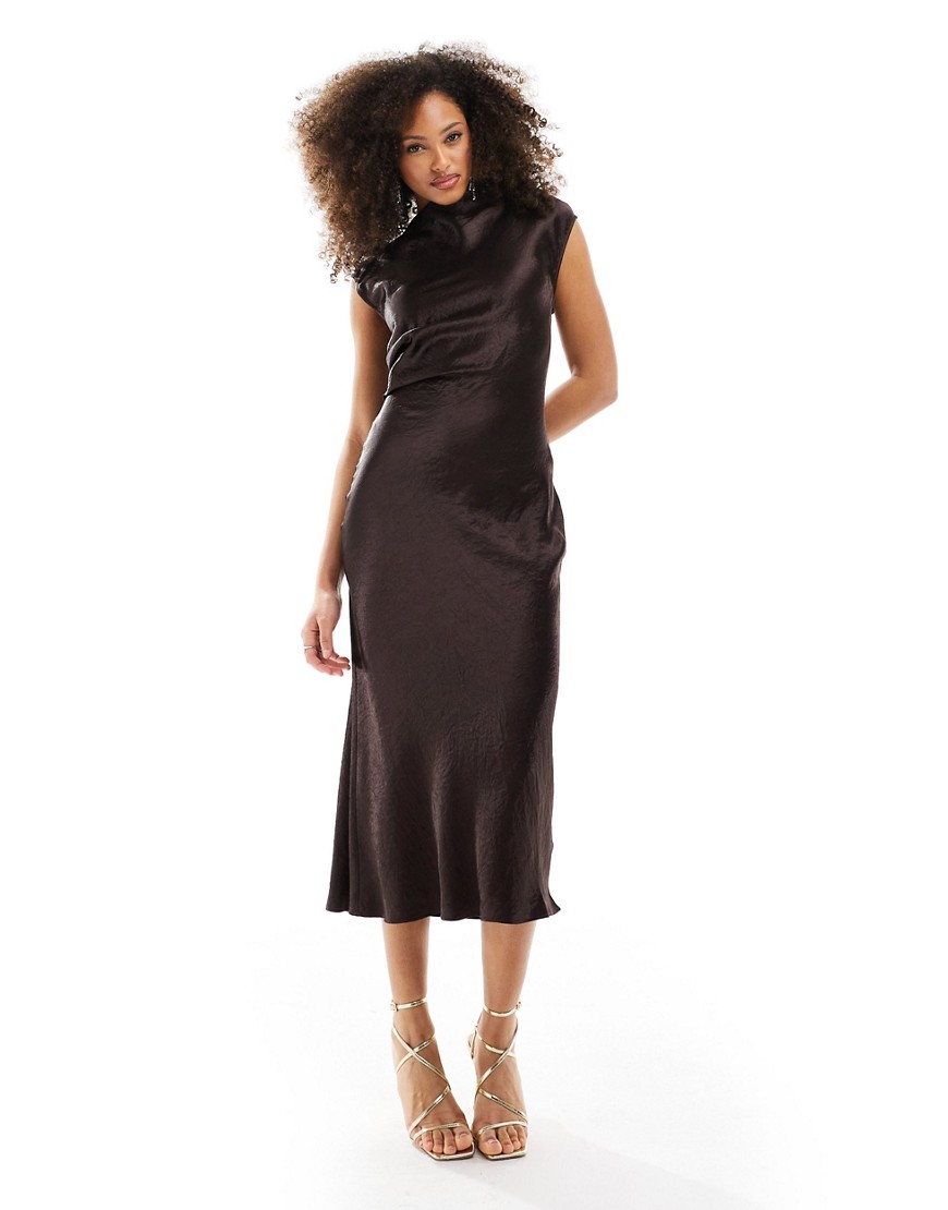 & Other Stories bias cut satin midi dress with drape detail and extended shoulder in brown