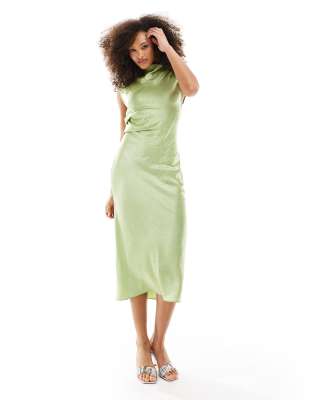 & Other Stories bias cut satin midi dress with drape detail and extended shoulder in green