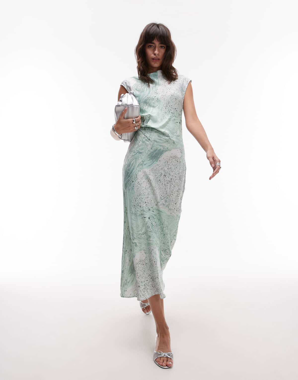 & Other Stories bias cut satin midi dress with drape detail in green oil print