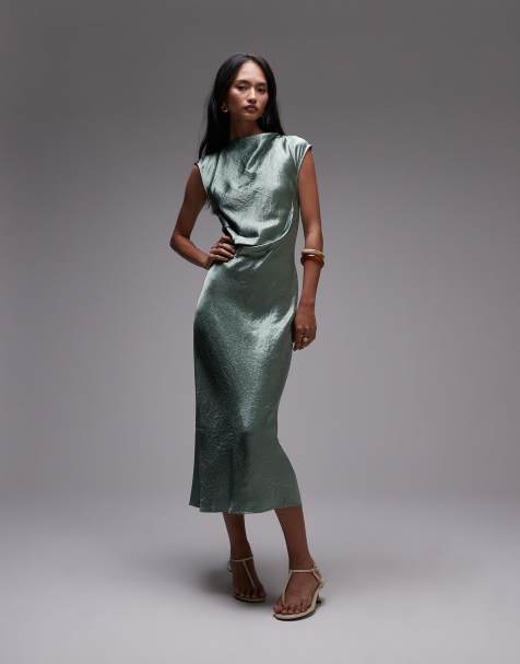 & Other Stories bias cut satin midi dress with drape detail in green - view 1
