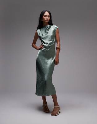 [Other Stories] & Other Stories bias cut satin midi dress with drape detail in green 34 GREEN