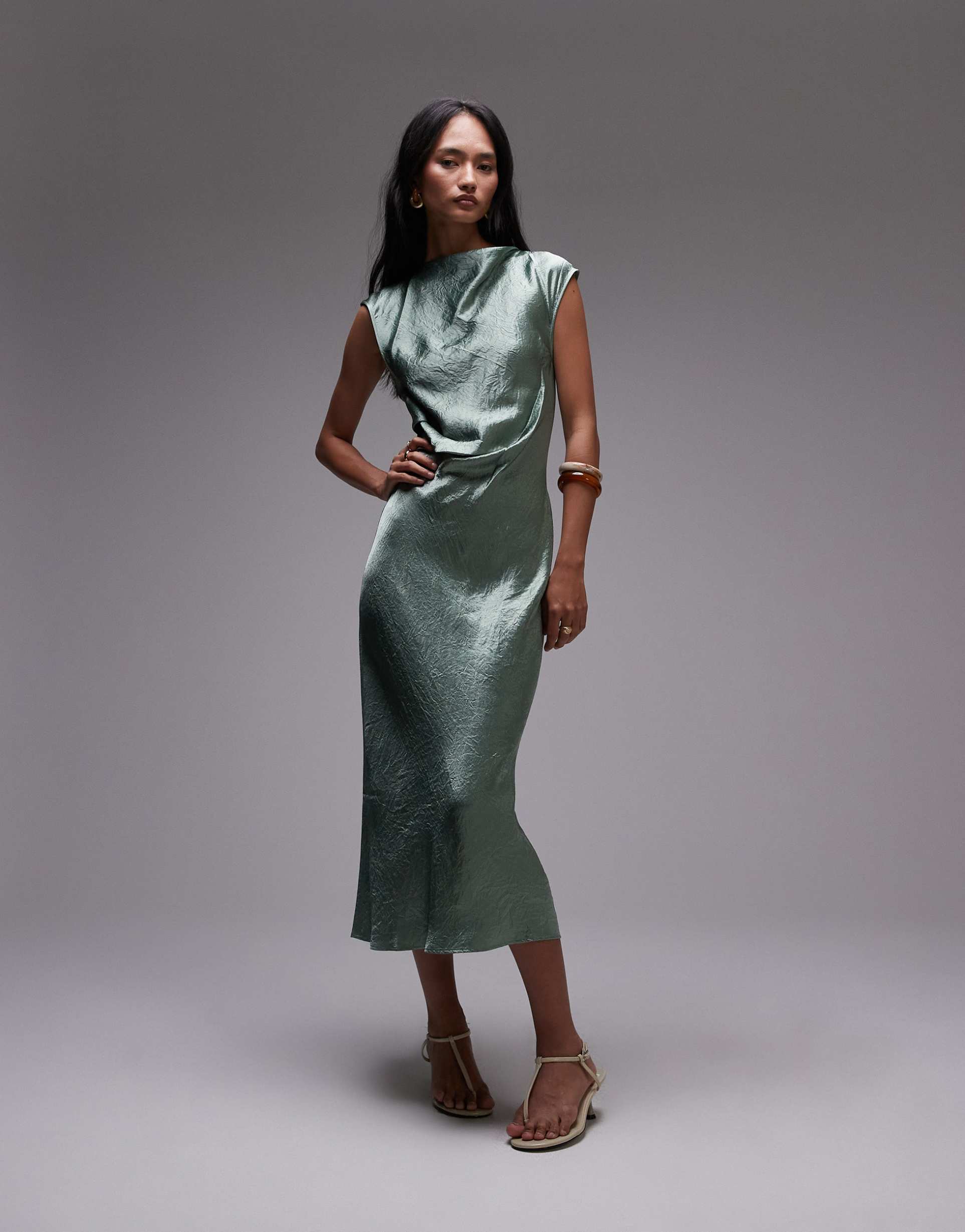 & other stories bias cut satin midi dress with drape detail in green