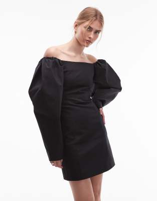 & Other Stories Big Volume Sleeves Off Shoulder Fitted Mini Dress In Black