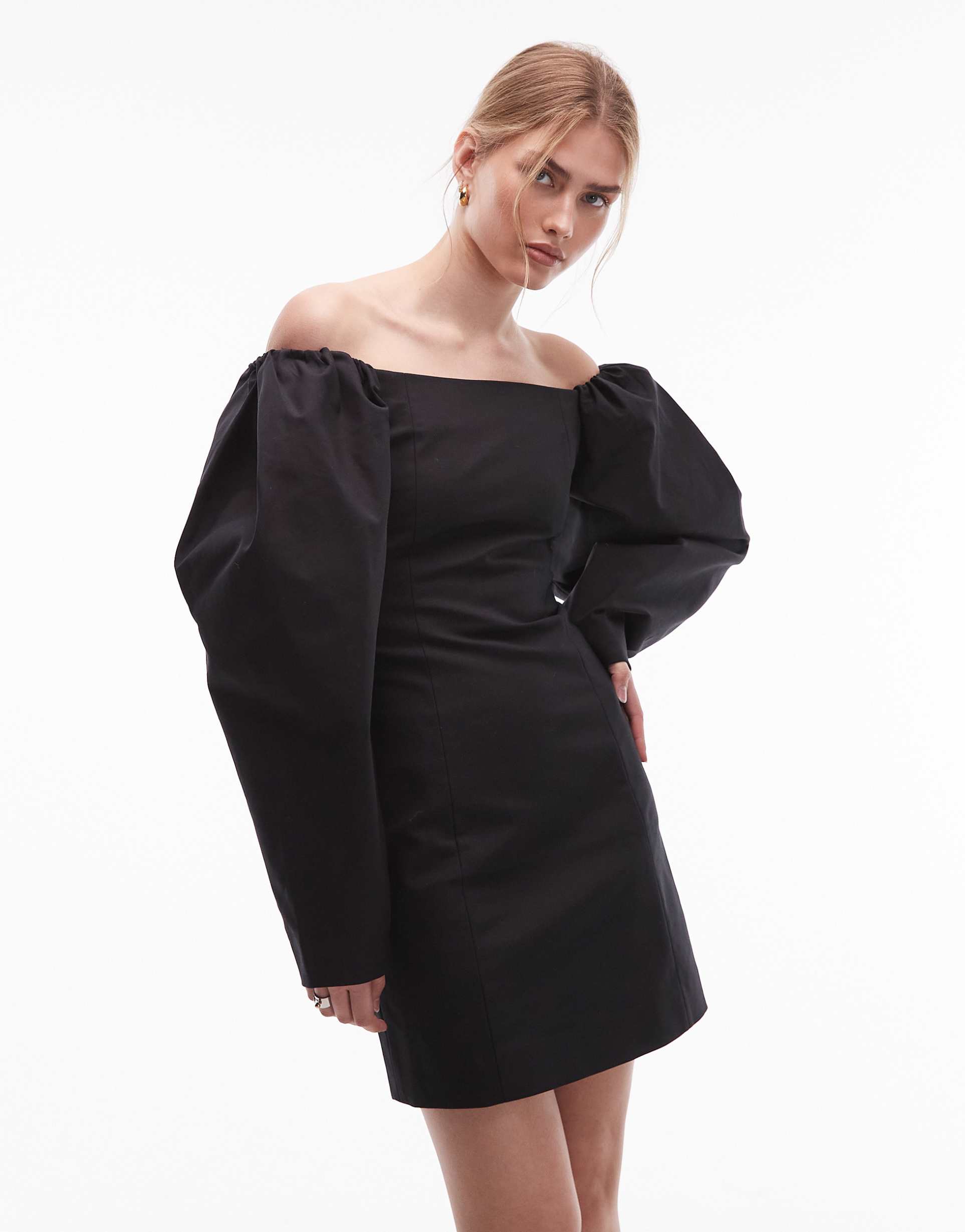 & other stories big volume sleeves off the shoulder fitted mini dress in black