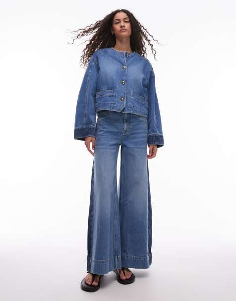 & Other Stories - Blå højtaljede jeans i mellemvask med brede ben og kontrastfarvede sidepaneler - view 1