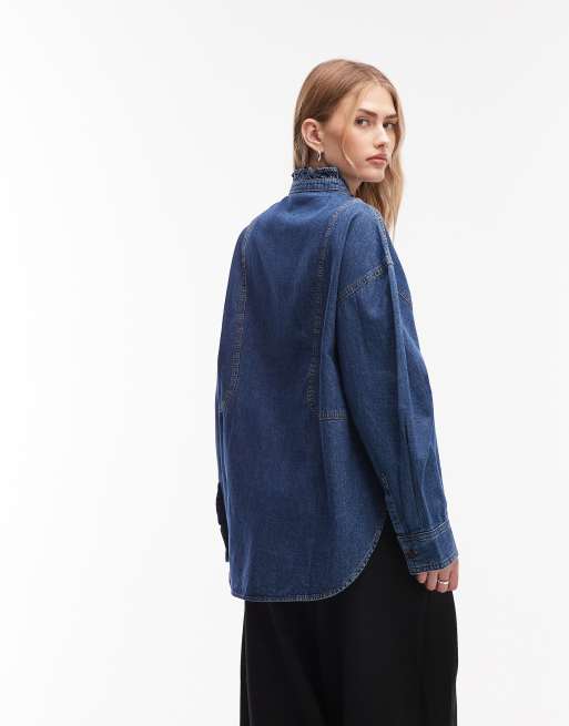& Other Stories – Blå, tvättad jeansskjorta med volangprydd murarkrage, 3 av 4