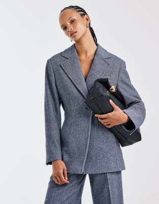 Blazer d'ensemble en laine mélangée à taille cintrée asymétrique - Bleu cendré-Bleu marine 32