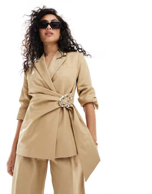 & Other Stories - Blazer d'ensemble en lin mélangé avec boucle à l'avant - Beige