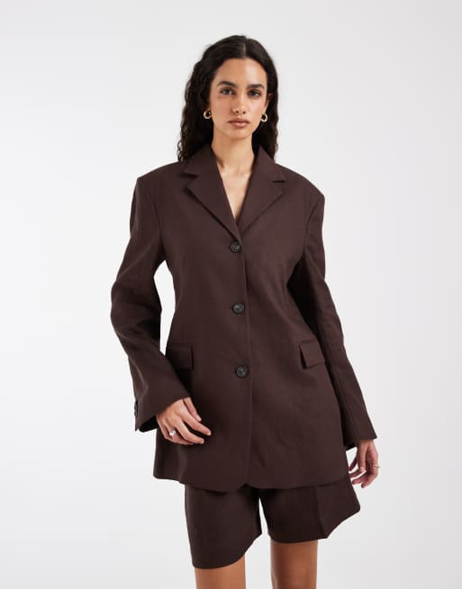 & Other Stories - Blazer d'ensemble noué à la taille en lin mélangé - Marron chocolat , 2 de 4