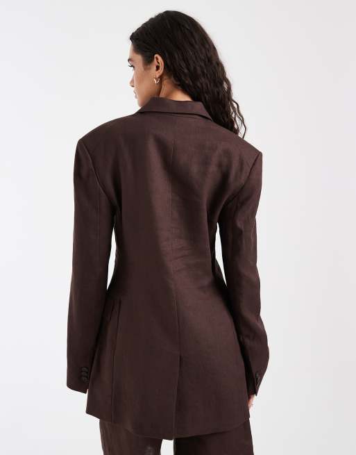 & Other Stories - Blazer d'ensemble noué à la taille en lin mélangé - Marron chocolat , 4 de 4