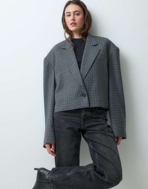 & Other Stories blazer i uldblanding med pepitatern og cropped pasform i grå - view 1