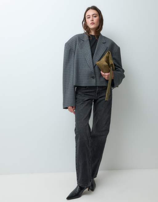 & Other Stories blazer i uldblanding med pepitatern og cropped pasform i grå, 2 af 5