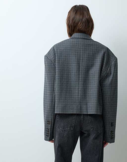 & Other Stories blazer i uldblanding med pepitatern og cropped pasform i grå, 4 af 5