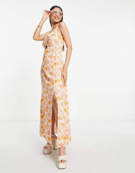 & Other Stories blend maxi dress with split front and ring front detail in retro floral - RED, 4 of 4