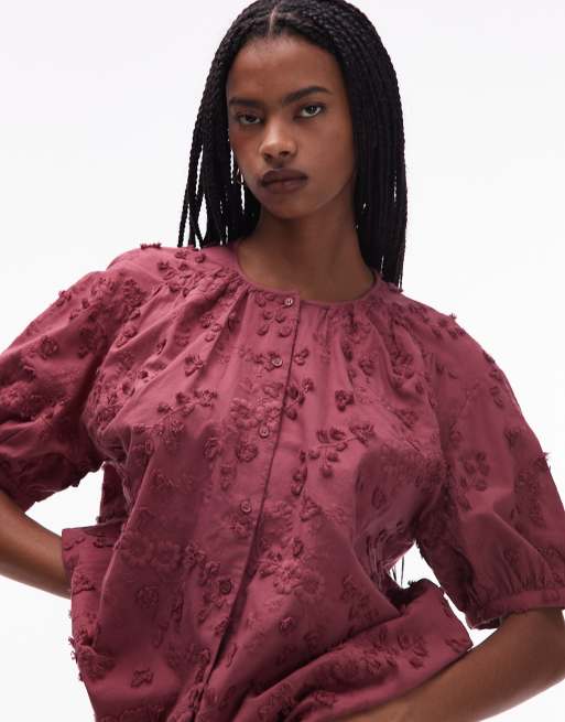 & Other Stories - Blouse à manches courtes et broderies fleuries - Rouge, 3 de 4